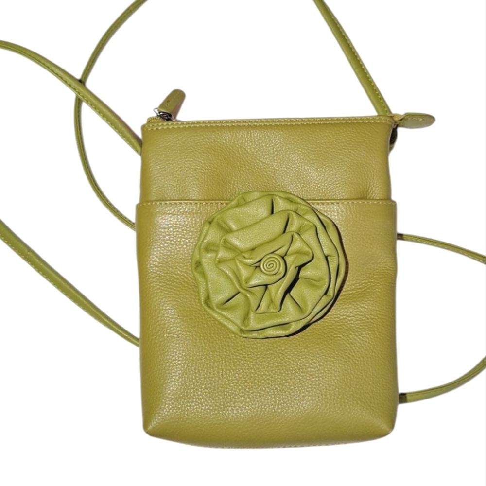 Leather Olive Green Crossbody Bag with Floral Accent